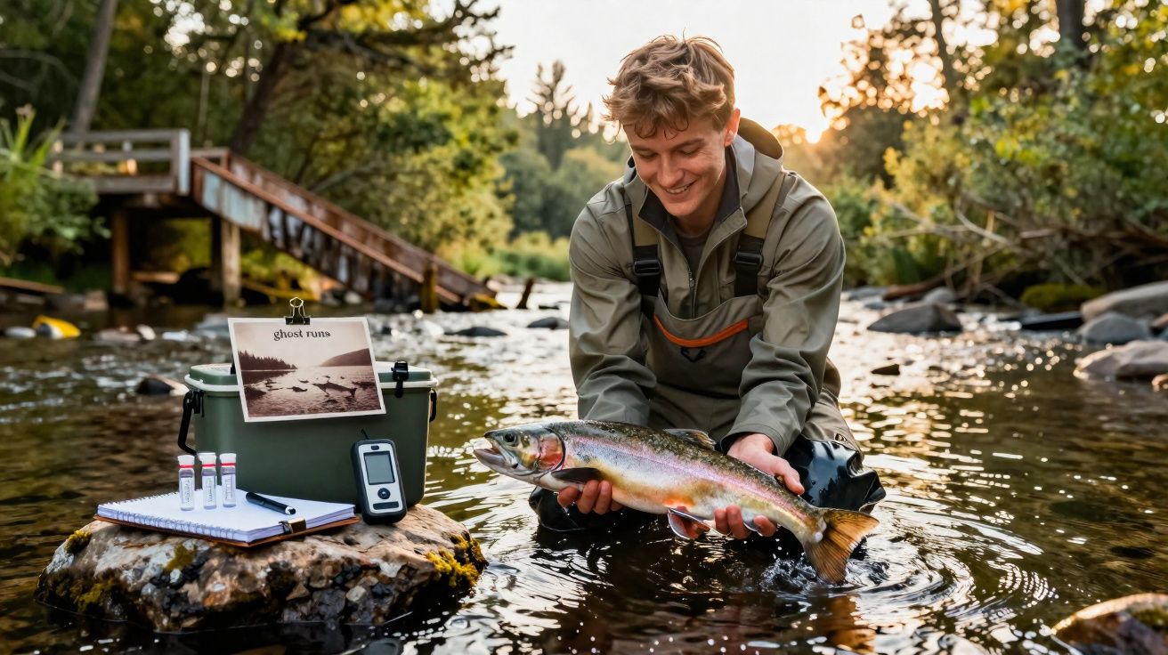 Homem sorridente segura uma truta gigante num rio pouco profundo durante o pôr do sol.