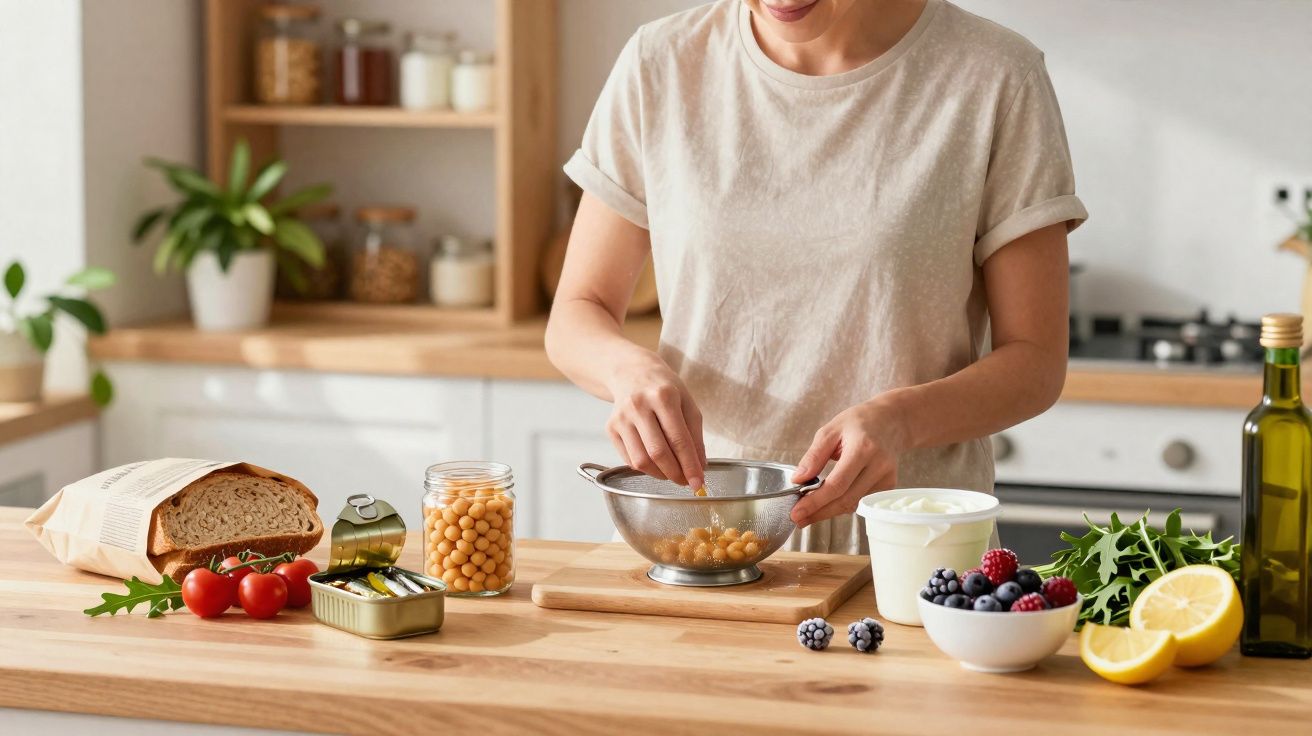 Pessoa a preparar alimentos com grão, frutas, pão e azeite numa cozinha espaçosa e iluminada.