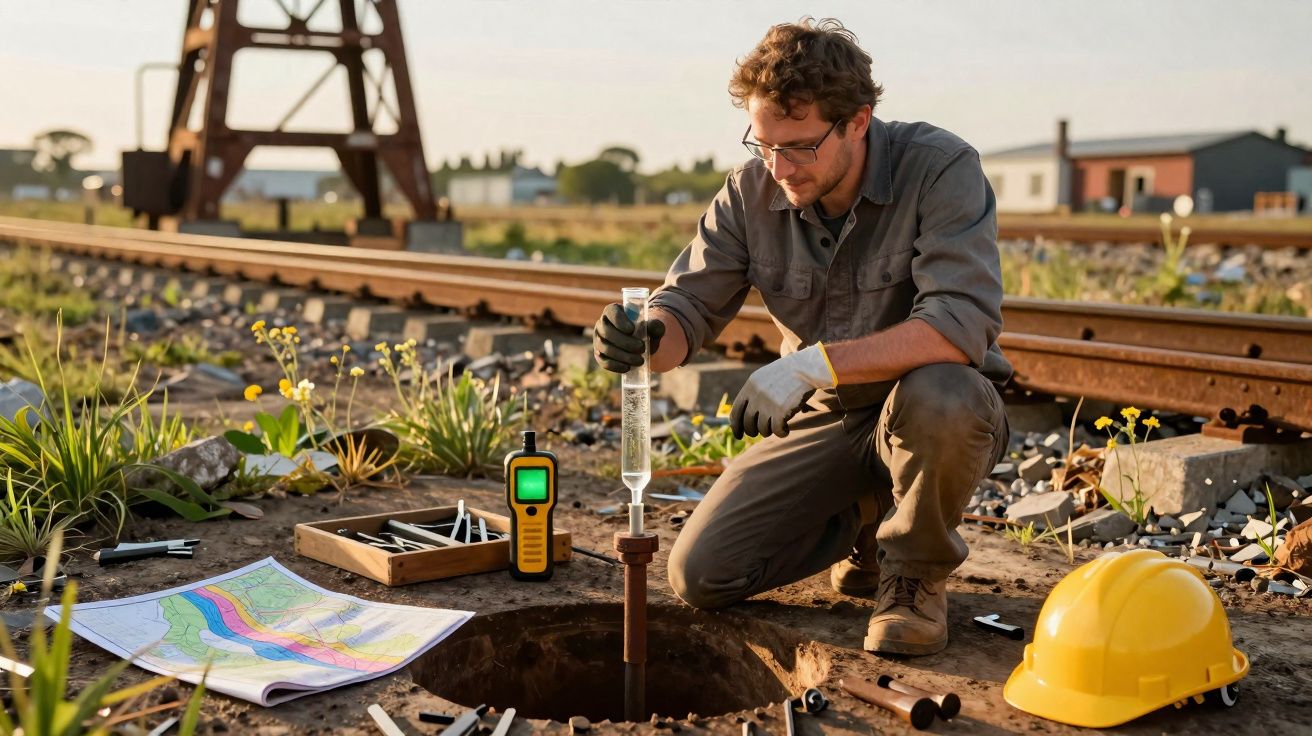 Homem a recolher amostra de água do solo junto a linha férrea, com equipamento e mapa no chão.