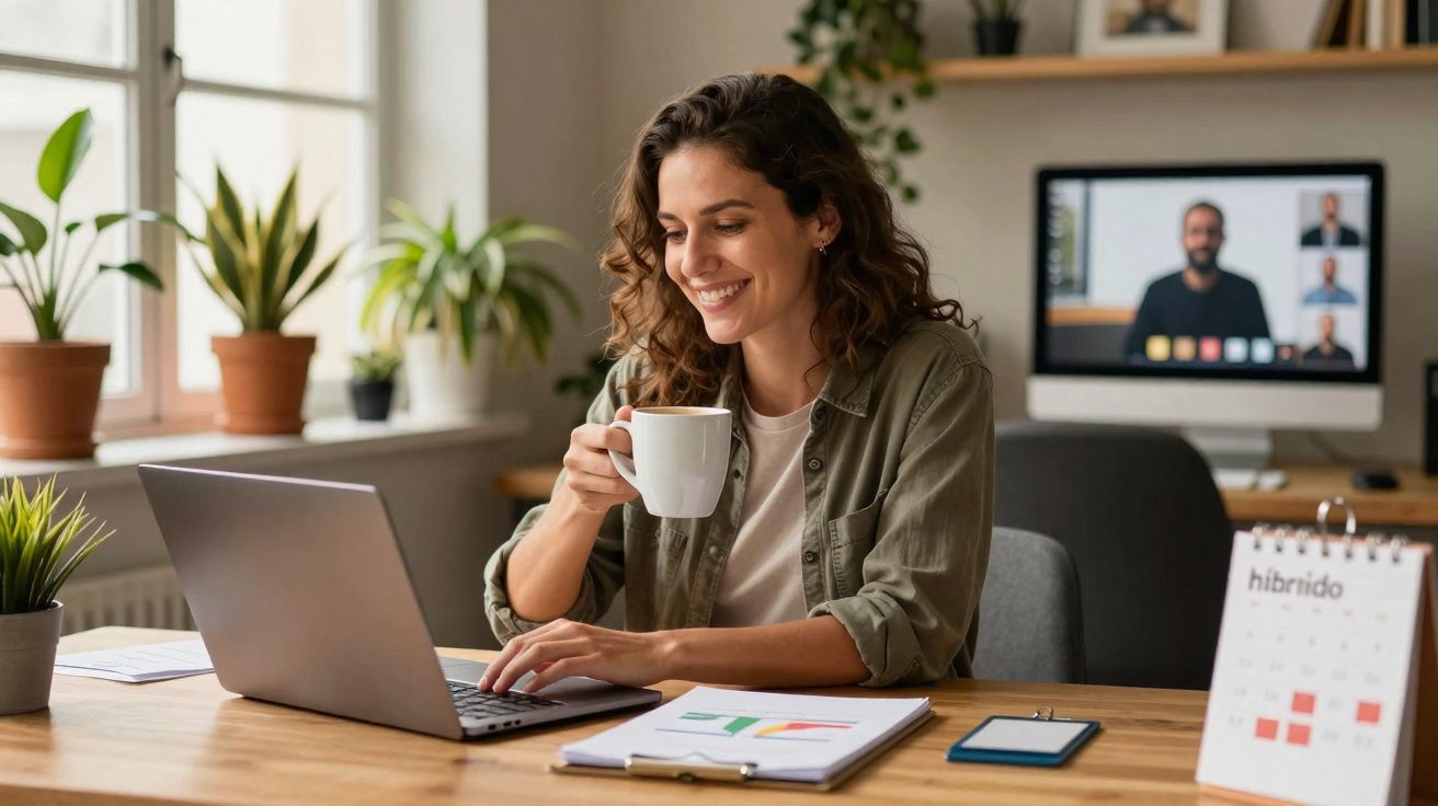 Mulher a trabalhar em laptop com chá, reunião virtual no ecrã e calendário híbrido na mesa de madeira.