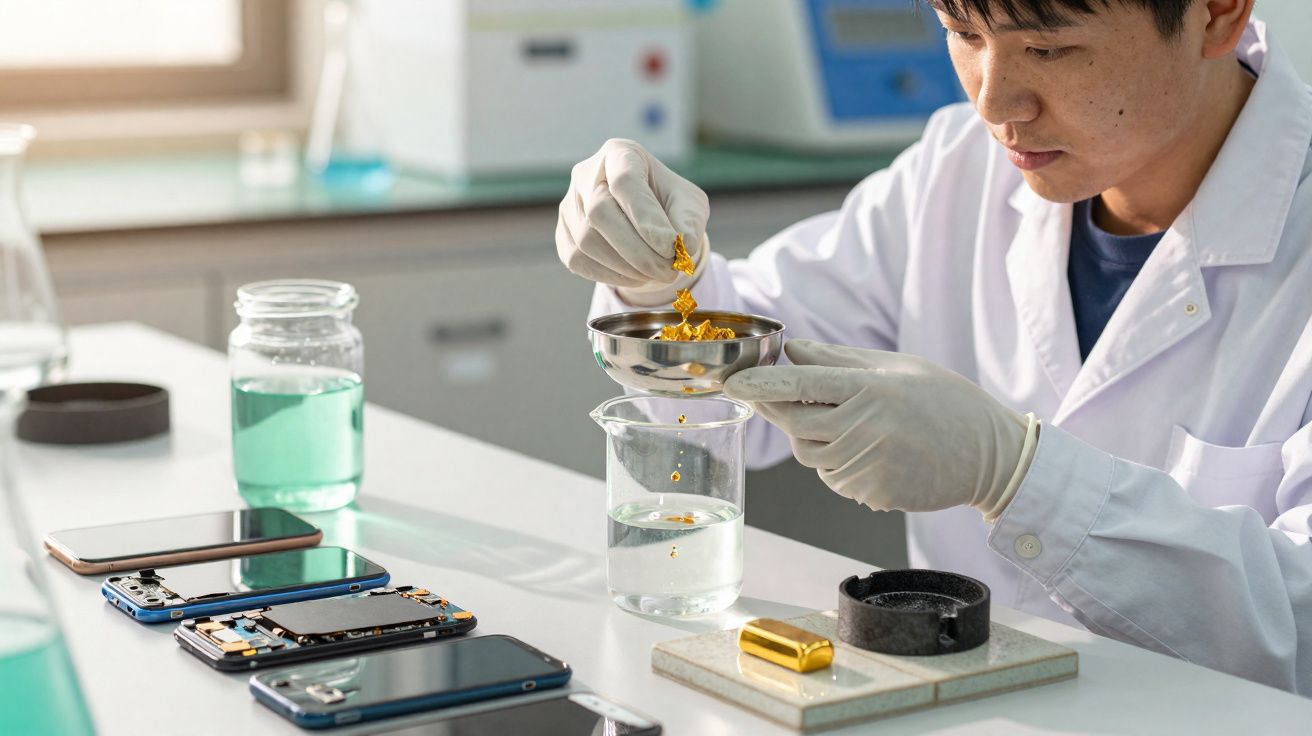 Cientista de laboratório a manusear pó dourado para análise, com telemóveis desmontados numa bancada.