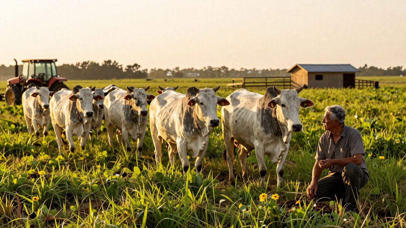 Vaqueiro observa seis vacas brancas numa pastagem verde ao pôr do sol, com trator e celeiro ao fundo.