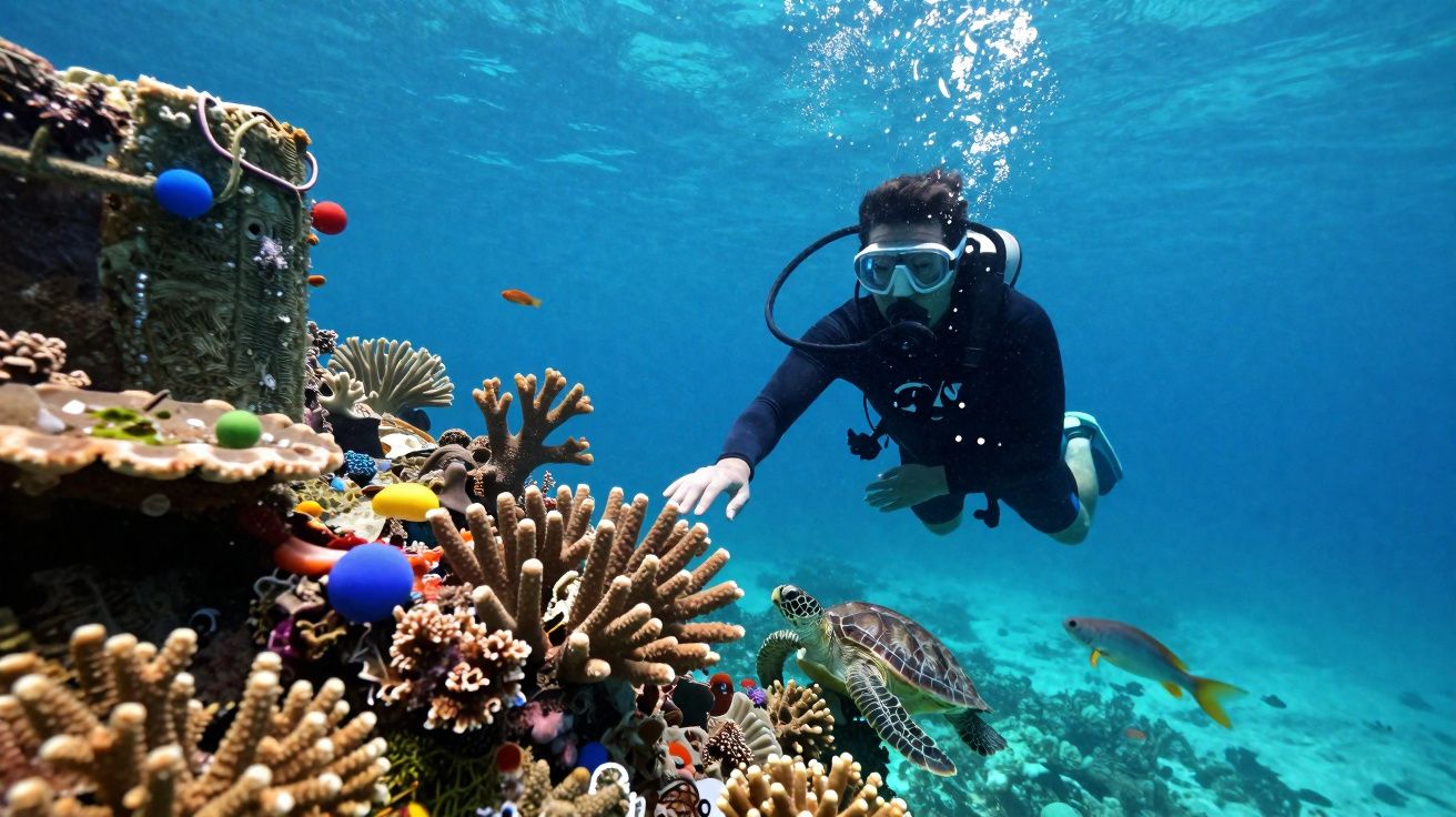 Mergulhador a explorar recife de coral com uma tartaruga marinha e peixes coloridos no oceano.