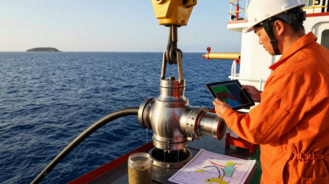 Trabalhador com capacete e fato laranja opera equipamento de amostragem no convés de navio no mar.