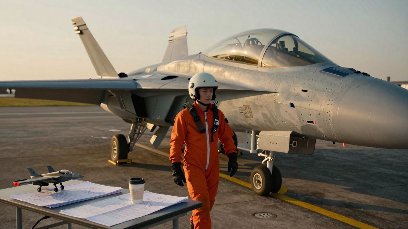 Piloto em fato laranja e capacete caminha ao lado de jato militar estacionado num aeródromo ao entardecer.