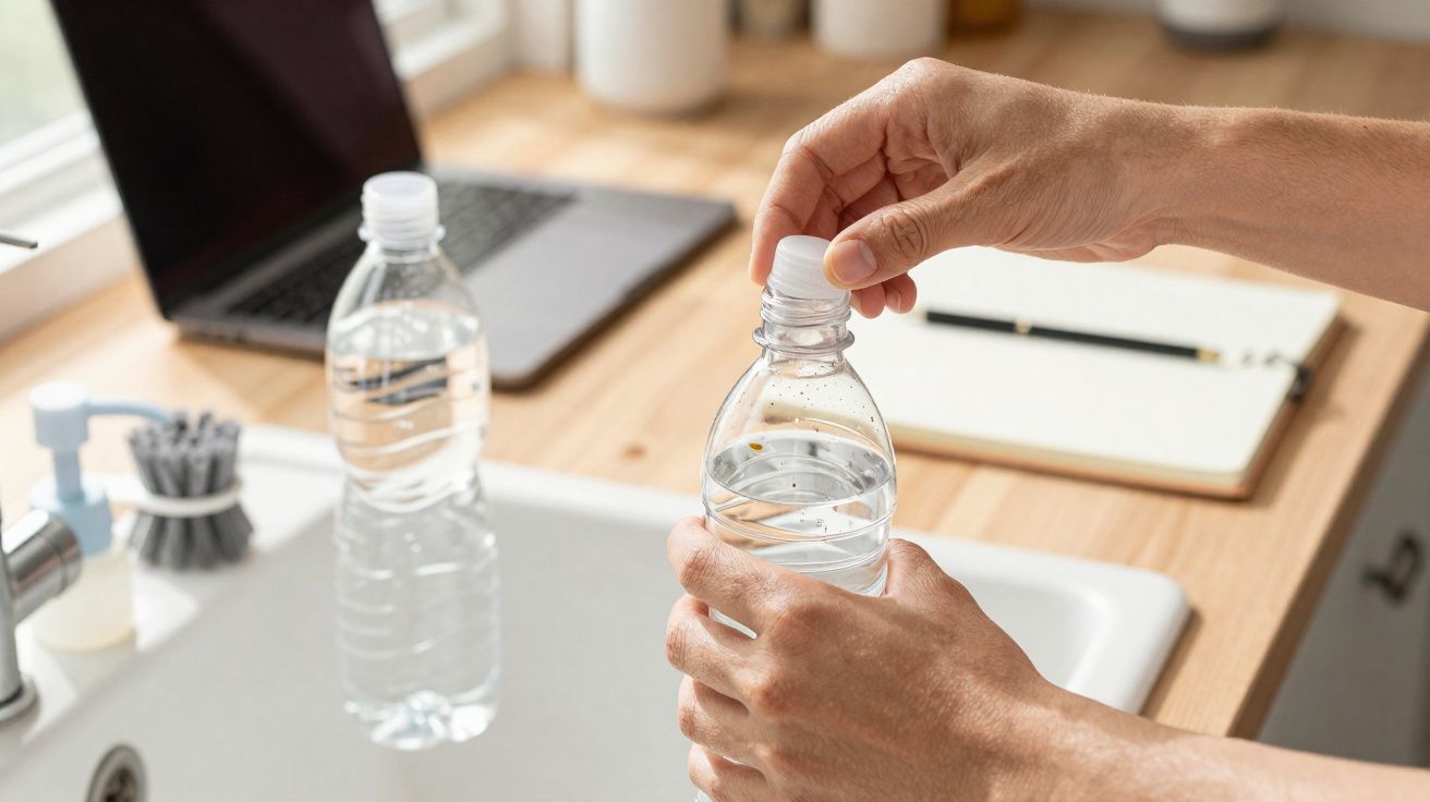 Mãos a abrir garrafa de água perto de pia, com garrafa, laptop e caderno ao fundo numa cozinha.