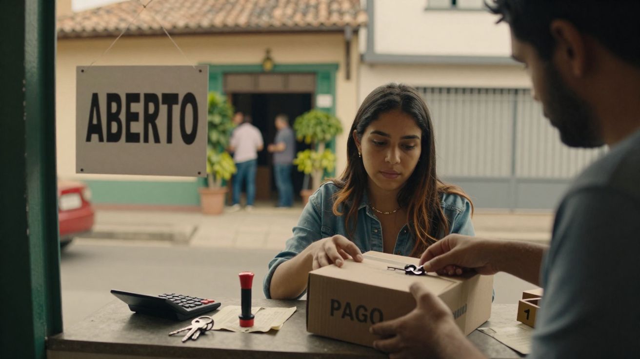 Cliente feminina a pagar uma encomenda numa loja aberta com sinal de "Aberto" visível na janela.