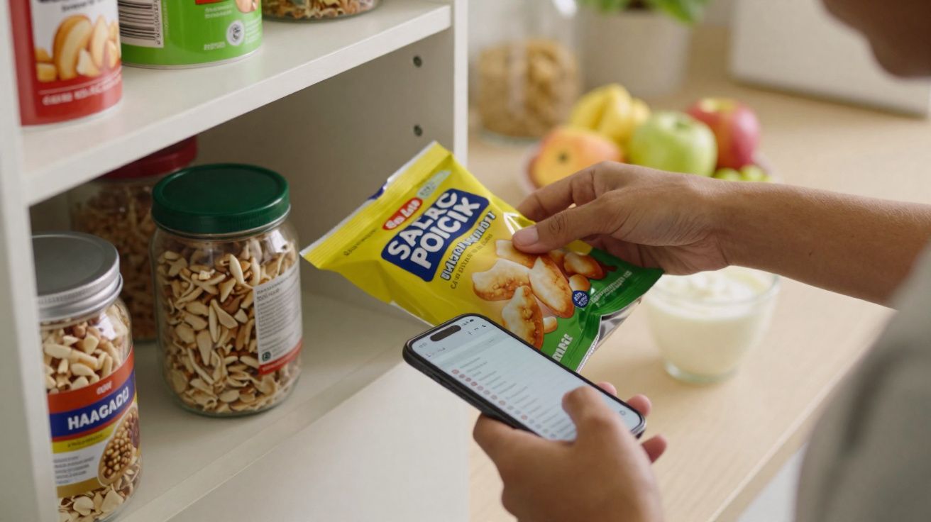 Pessoa a segurar pacote de snacks e telemóvel, ao lado de frascos com frutos secos numa despensa.
