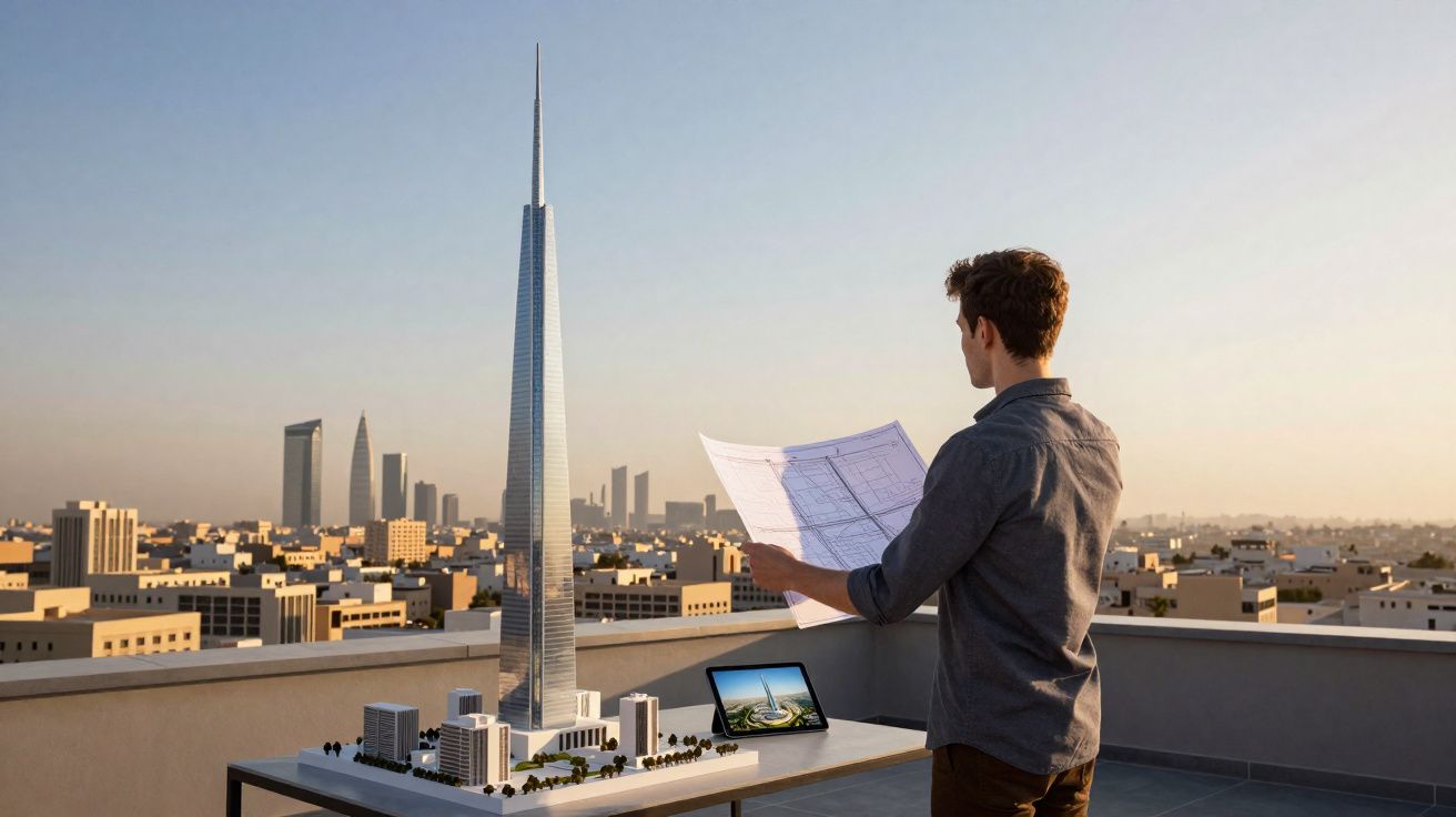 Homem observa planta arquitetónica com maquete e tablet de arranha-céus numa cobertura urbana ao pôr do sol.