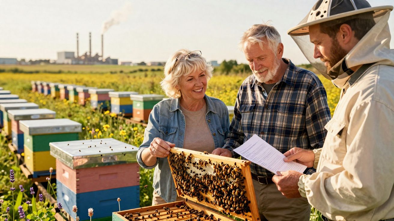 Apicultores a inspecionar colmeia cheia de abelhas numa área rural com fábrica ao fundo.