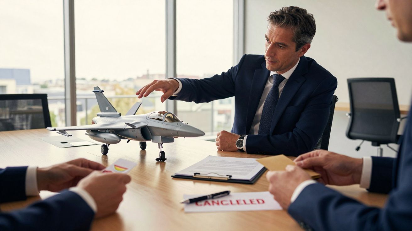 Homem com fato azul mostra modelo de avião de combate durante reunião de negócios.