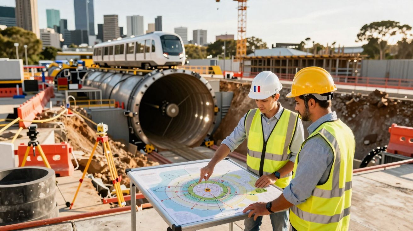 Dois engenheiros com colete e capacete analisam planta num estaleiro de construção de túnel com comboio e equipamentos.