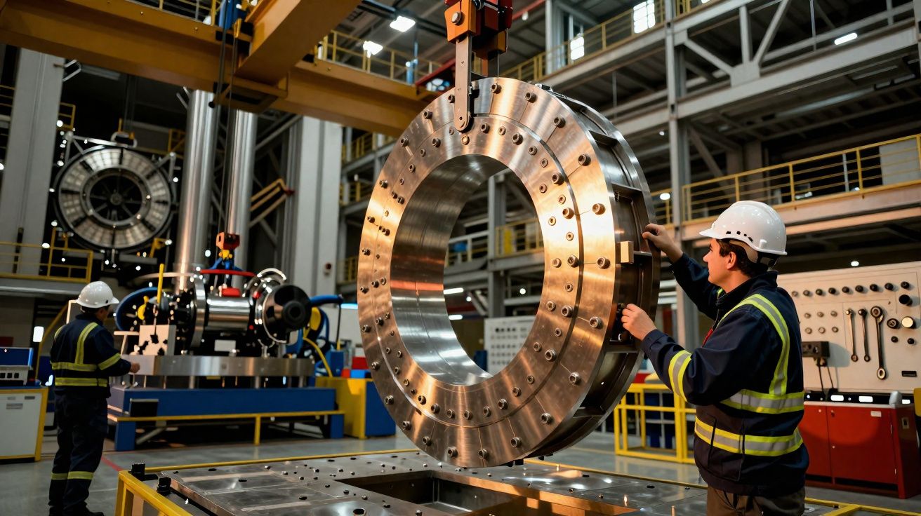 Trabalhadores com capacetes manuseiam grande peça metálica circular numa fábrica industrial moderna.