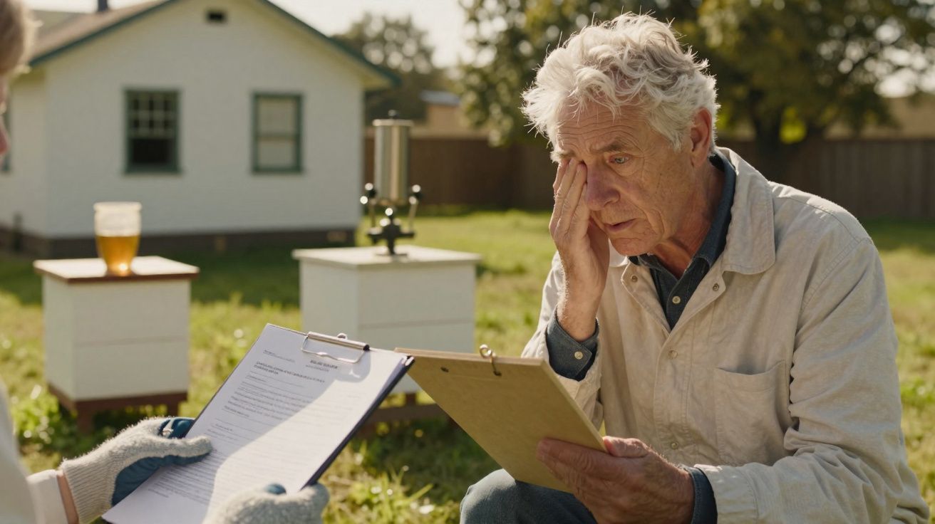 Homem idoso preocupado olha para um quadro de notas ao ar livre perto de colmeias num dia ensolarado.