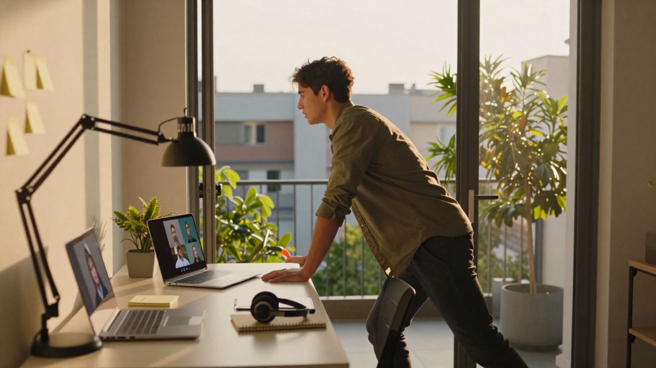 Homem jovem em teletrabalho faz pausa e estica-se junto à secretária com computador e plantas ao fundo.