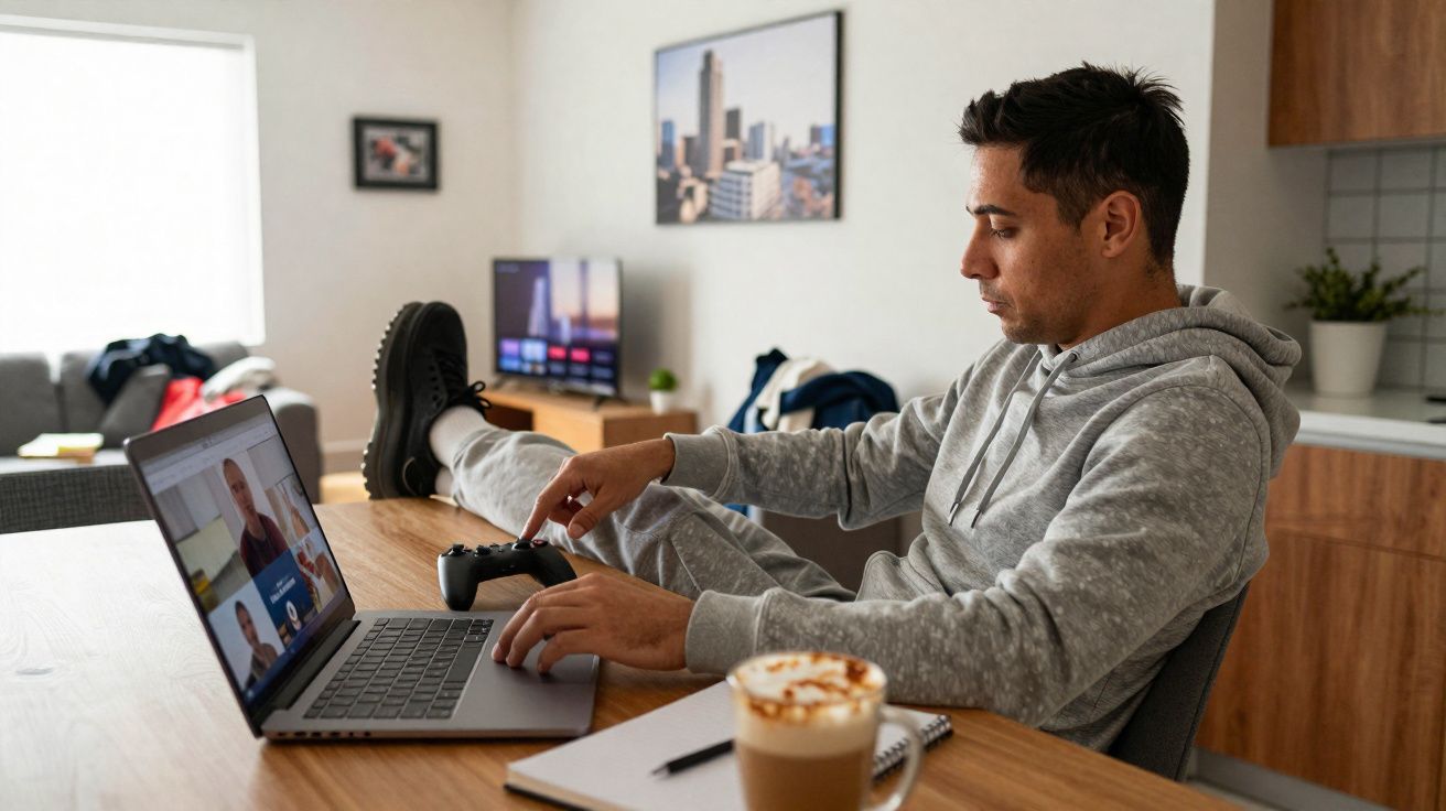 Homem jovem sentado à mesa com pés no computador portátil, segurando comando de videojogo.