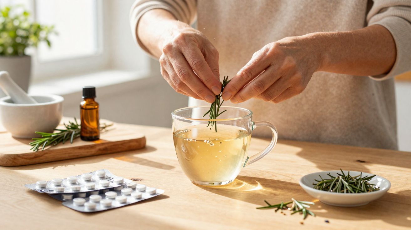 Pessoa a preparar chá de ervas com ramos de alecrim, ao lado de comprimidos e óleo essenciais numa cozinha iluminada.