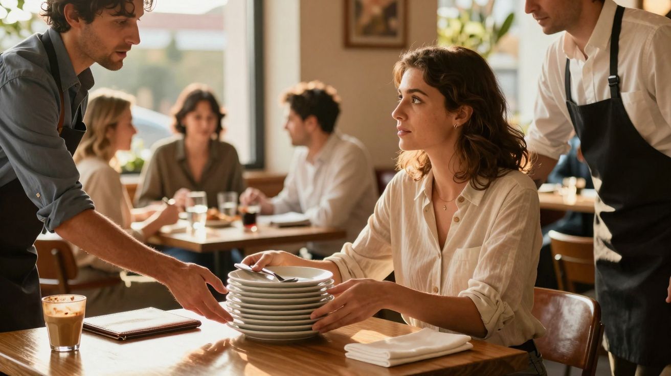 Mulher sentada numa mesa de restaurante recebe pratos empilhados de empregado enquanto outro observa.