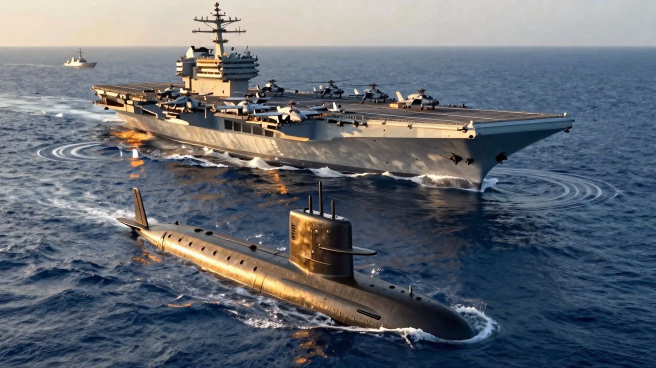 Porta-aviões com vários aviões na pista e submarino a navegar juntos no mar calmo ao pôr do sol.
