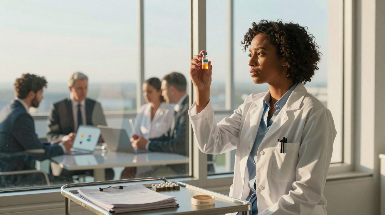 Mulher médica analisa frasco com medicamento em frente a grupo de pessoas numa reunião ao fundo.