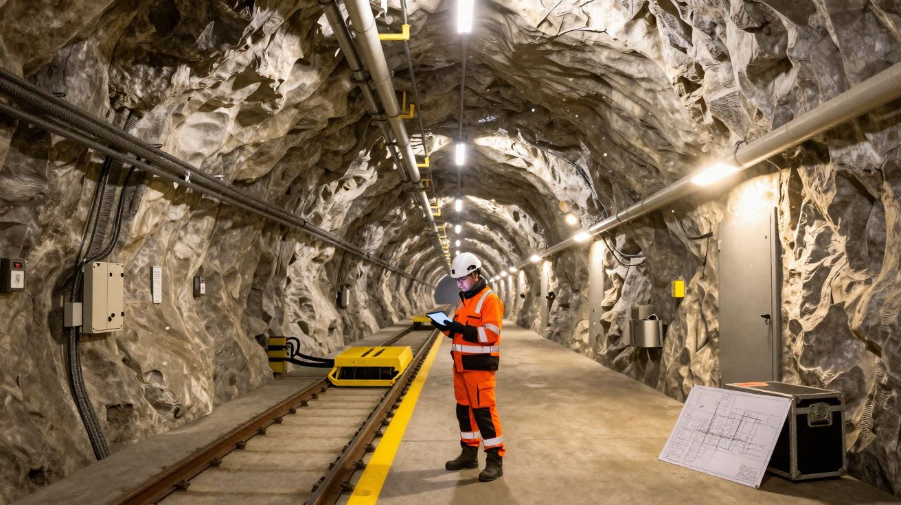 Trabalhador com fato de segurança laranja a inspeccionar tabela digital numa estação subterrânea de túnel ferrovia.