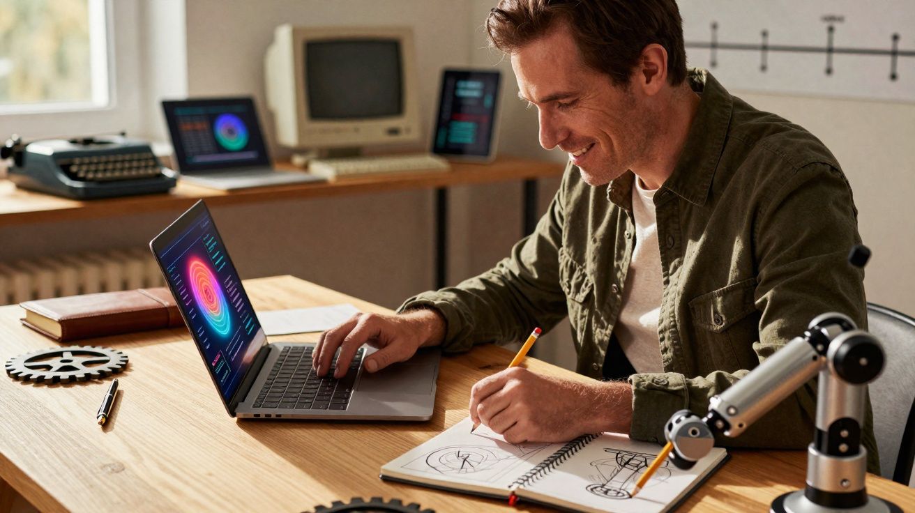 Homem a trabalhar num projeto de engenharia com laptop, desenhos técnicos e braço robótico numa mesa.