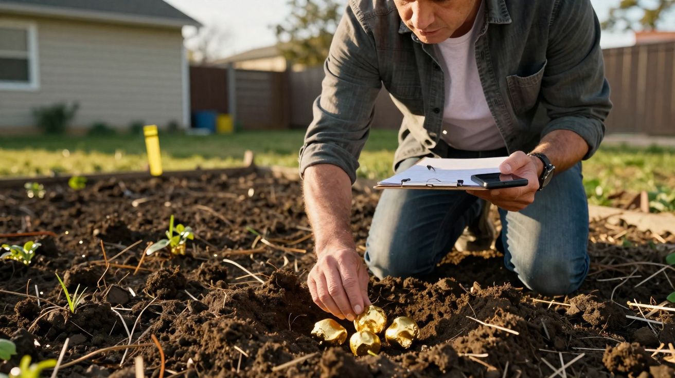 Homem a plantar bulbos dourados num canteiro de terra com bloco de notas numa mão.