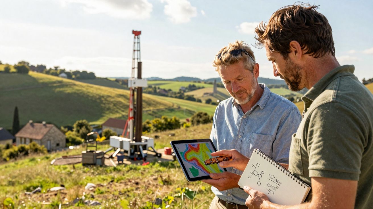 Dois geólogos analisam mapa geotérmico num tablet numa área rural com torre de perfuração ao fundo.