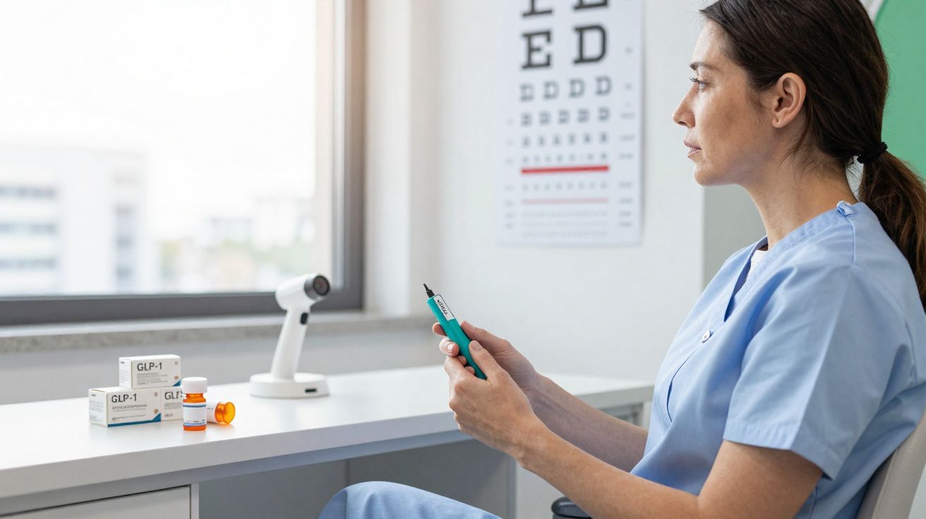 Profissional de saúde em uniforme azul prepara injeção numa clínica, com medicamentos e tabela de visão ao fundo.