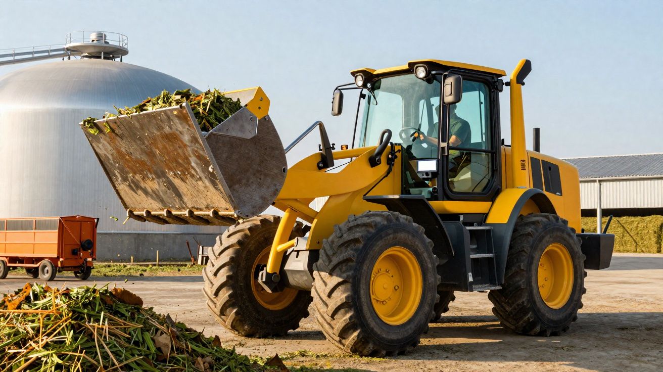 Trator amarelo a carregar resíduos orgânicos num terreno industrial com edifícios ao fundo.
