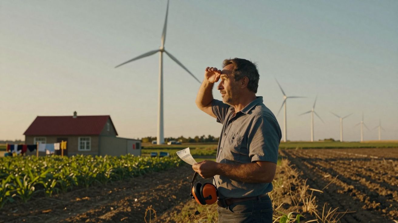 Homem em campo agrícola olha para o horizonte com turbinas eólicas e casa ao fundo ao pôr do sol.