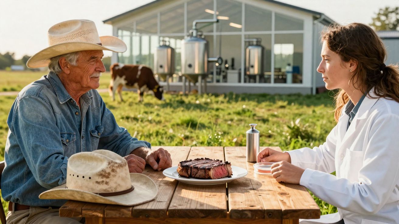 Homem rural e mulher cientista sentados numa mesa ao ar livre com carne e uma vaca ao fundo numa quinta.