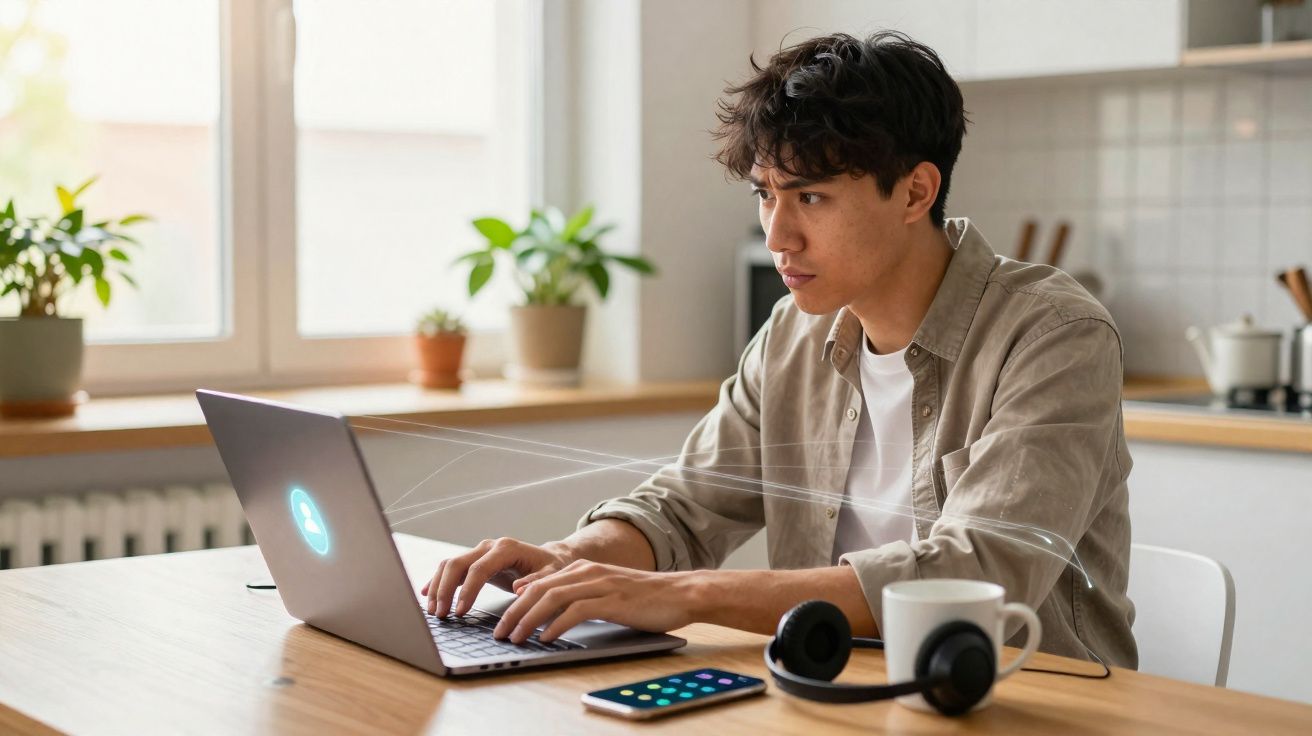 Jovem sentado a usar portátil numa mesa com café, auscultadores e smartphone num ambiente iluminado.