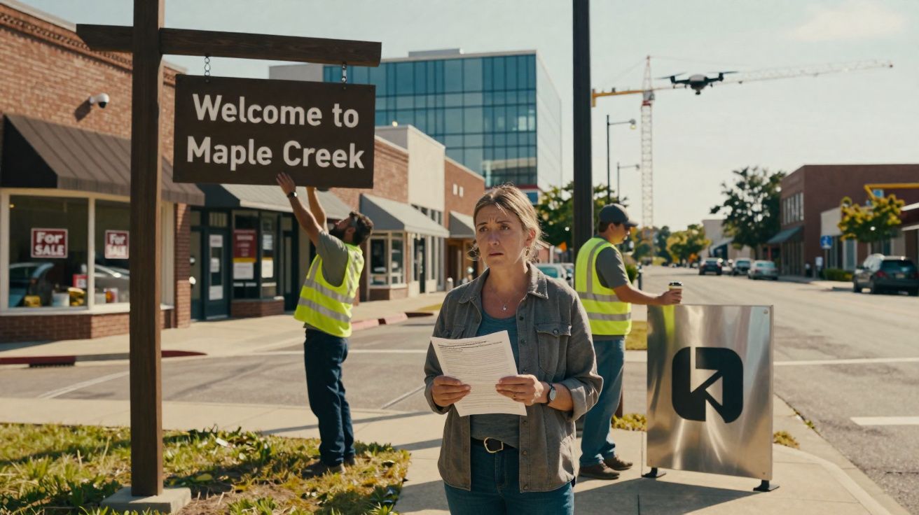 Mulher de semblante preocupado segura papéis numa rua com trabalhadores a montar placa "Welcome to Maple Creek".