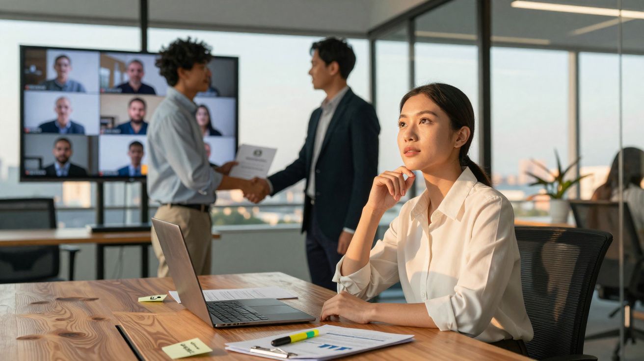 Mulher pensativa sentada à mesa com portátil, enquanto colegas apertam mãos e videoconferência decorre ao fundo.
