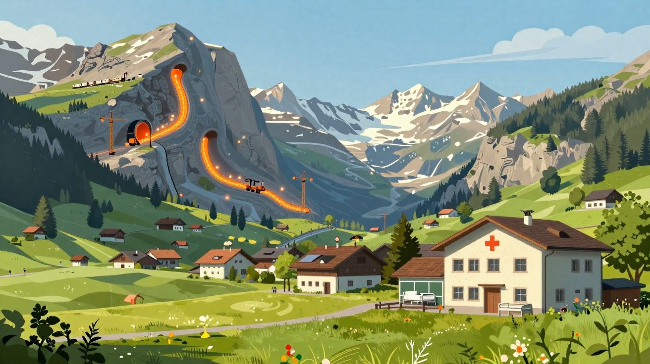 Vale verde com casas, teleférico iluminado e montanhas nevadas ao fundo num dia claro e ensolarado.