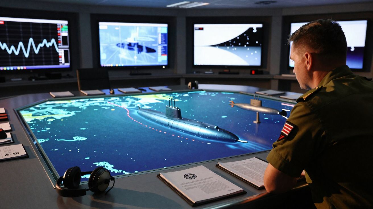 Homem militar observa mesa digital com simulação de submarinos e vários ecrãs ao fundo num centro de controlo.