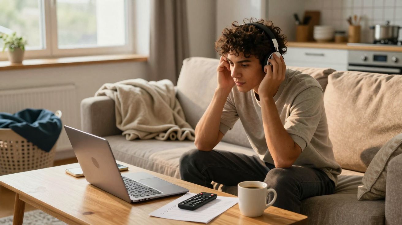 Jovem sentado no sofá com auscultadores, usando computador portátil à mesa com uma caneca e comando.