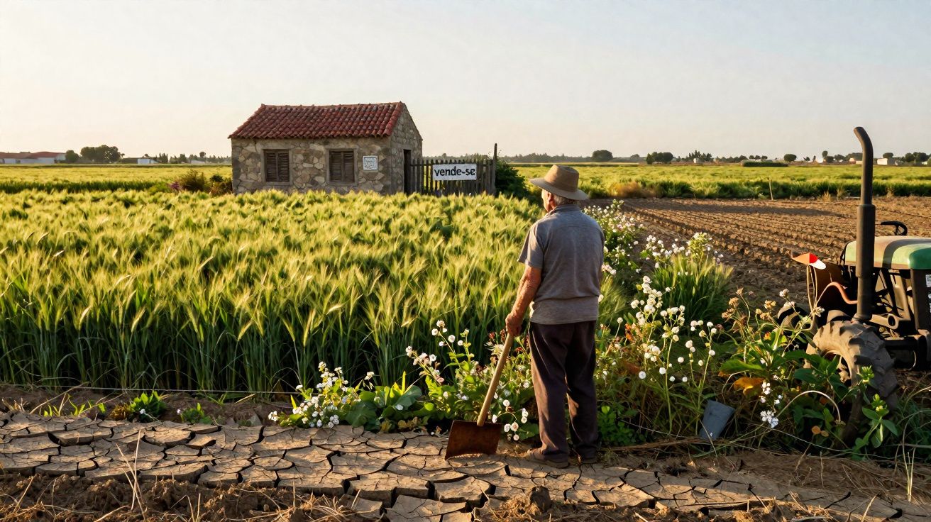 Homem com chapéu observa campo de milho maduro perto de cabana com placa de venda ao pôr do sol.