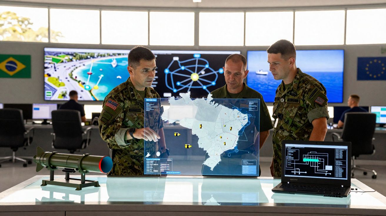 Três militares analisam mapa digital do Brasil numa sala de operações com ecrãs tecnológicos e drones.