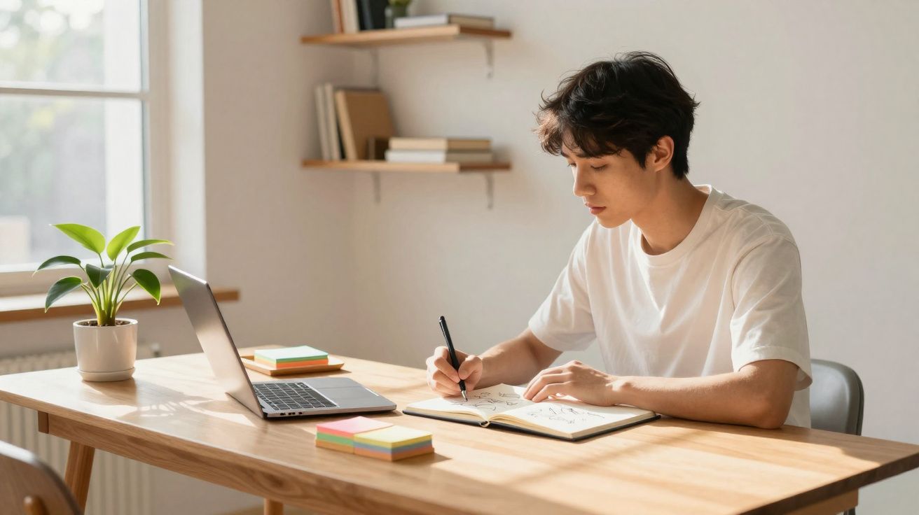 Jovem sentado a escrever num caderno à mesa com portátil, plantas e post-its numa sala iluminada.