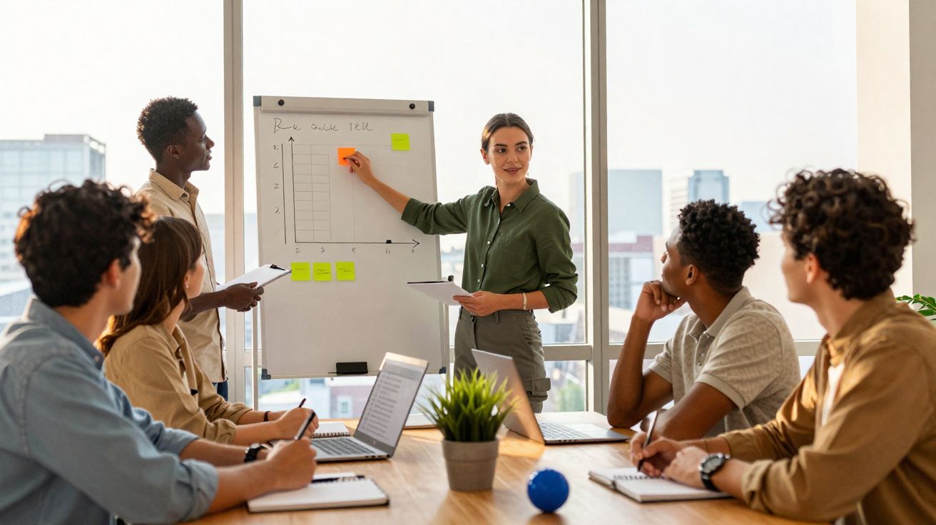 Grupo diverso em sala de reuniões com mulher a apresentar gráfico num flipchart e colegas a tomar notas.