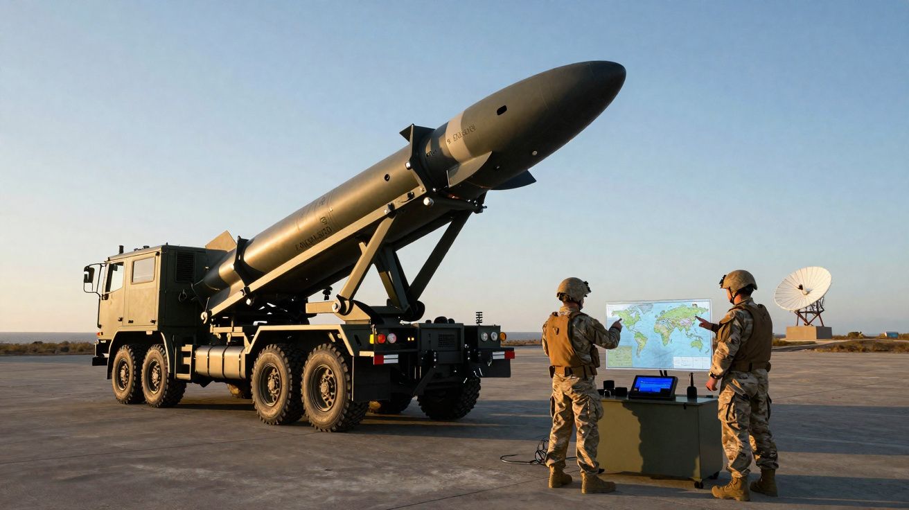 Dois soldados junto a um veículo militar com míssil apontado para o céu e ecrãs de controlo ao ar livre.