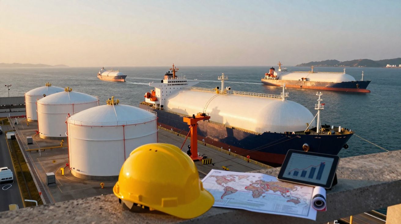 Porto marítimo com navios de armazenamento de gás, tanques industriais, capacete amarelo e mapa sobre parede.