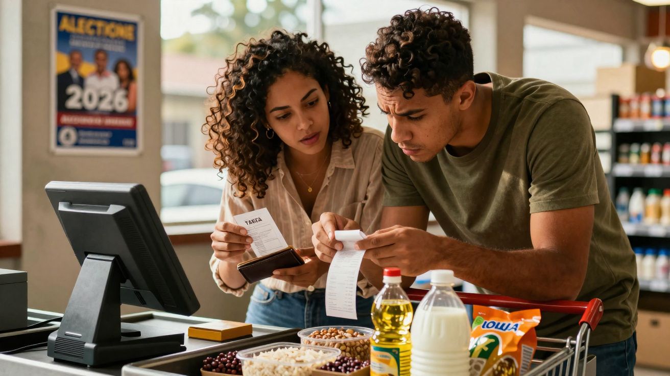 Casal jovem no supermercado verifica cuidadosamente recibo de compras na caixa registadora.