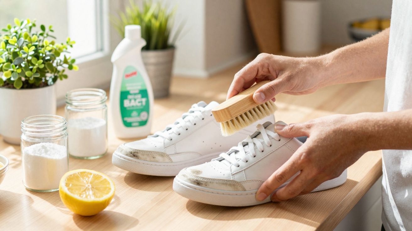 Pessoa a limpar sapatilhas brancas com escova e produtos naturais numa bancada de cozinha.