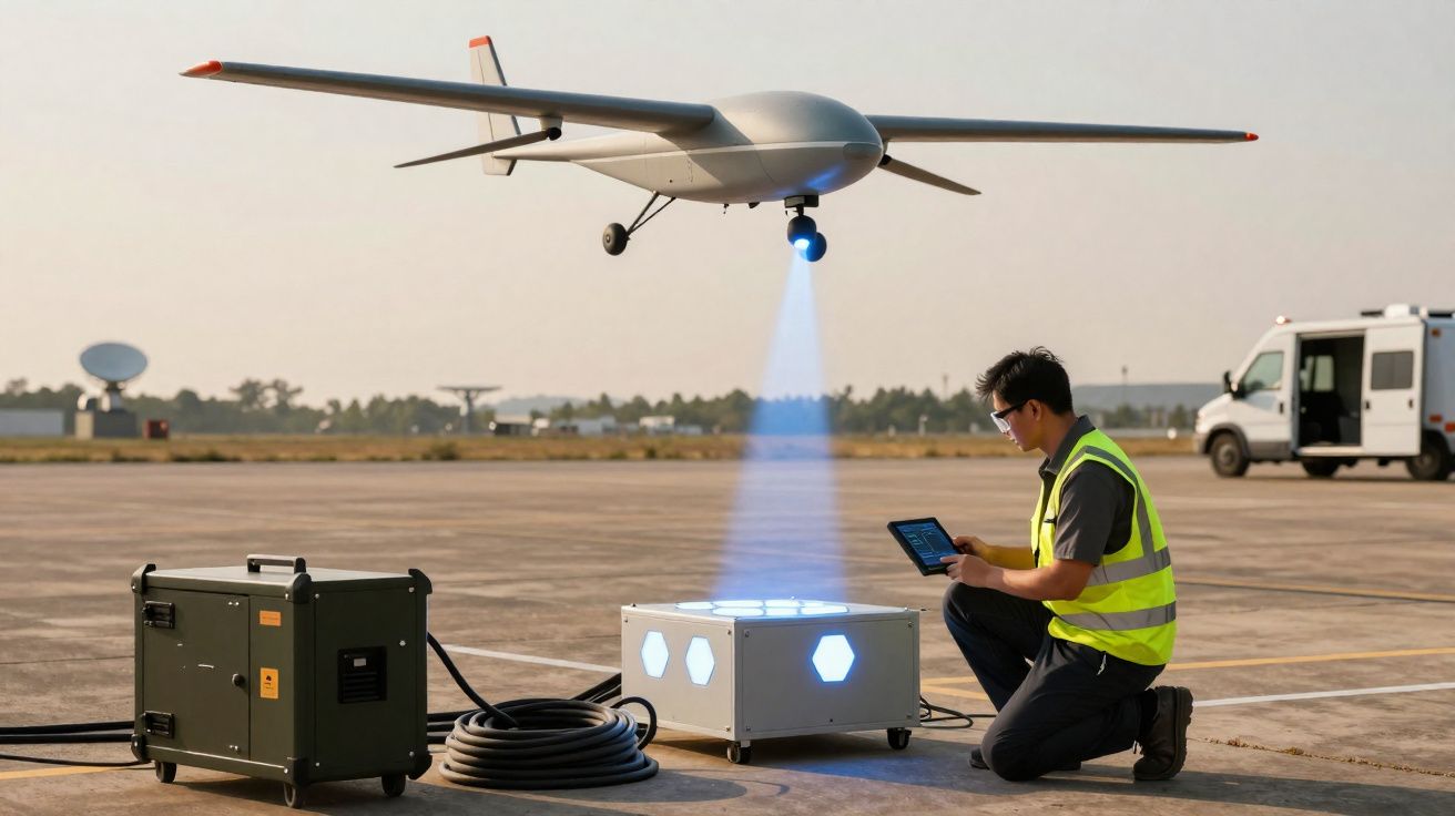 Drone cinzento com luz azul dianteira é operado por técnico com colete refletor num aeroporto.