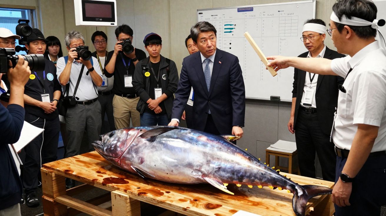 Homem em fato examina atum gigante numa mesa rodeado por fotógrafos e observadores numa sala de reuniões.
