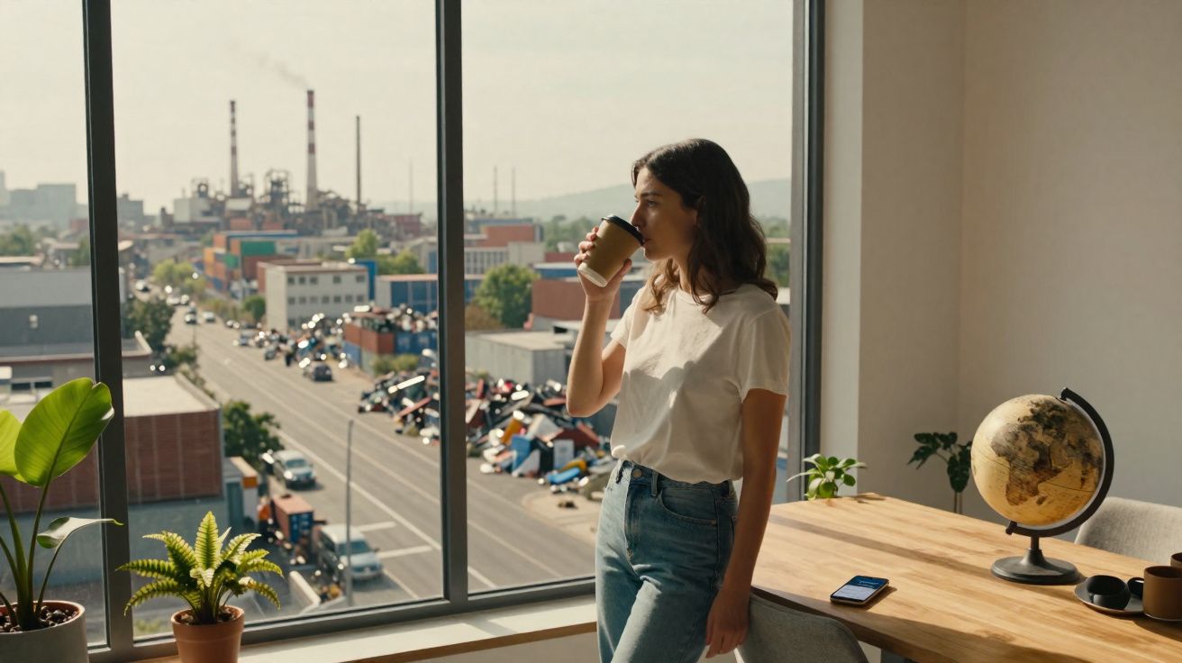Mulher de pé junto à janela de escritório, bebendo café e olhando para cidade industrial ao longe.