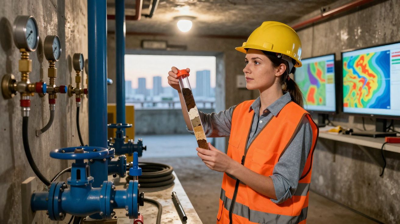 Mulher com capacete e colete segurando tubo com amostras de solo numa instalação industrial.